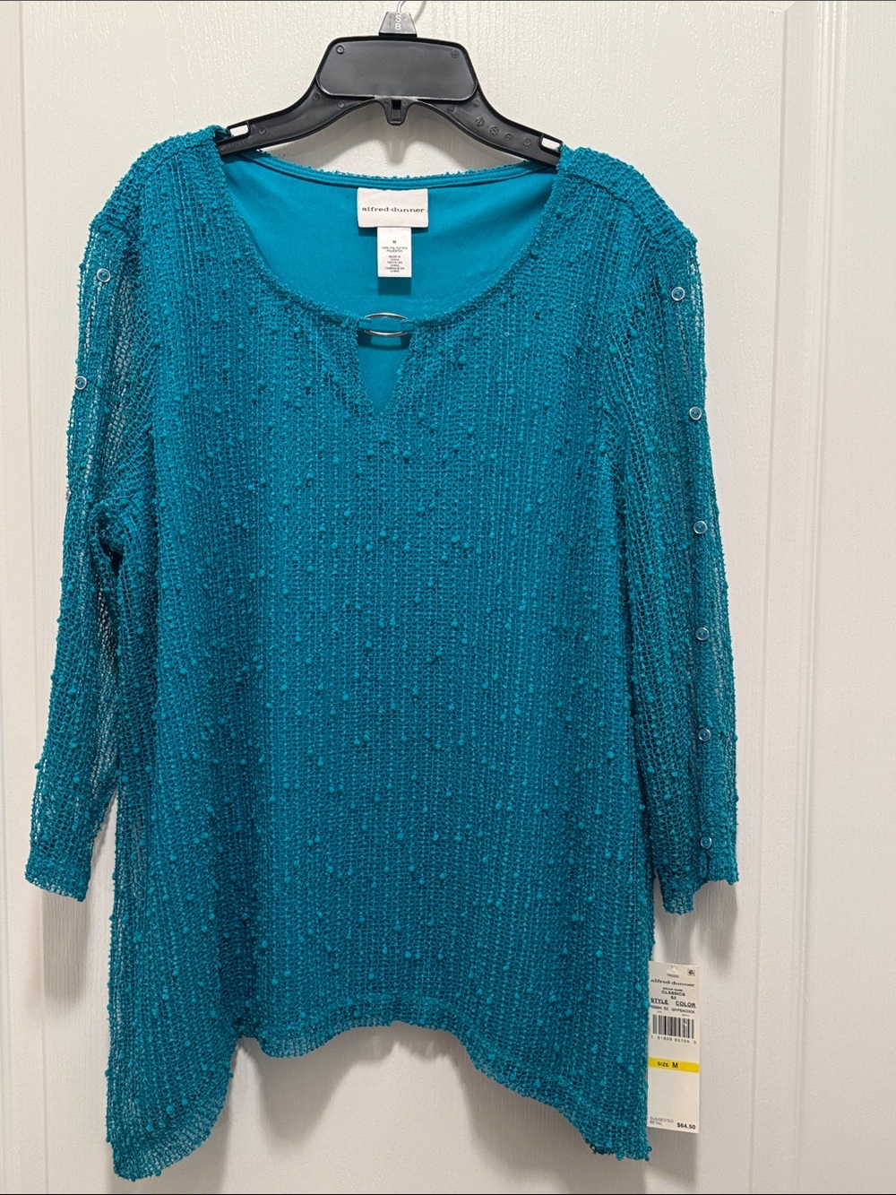 Alfred Dunner Peacock Teal Textured Knit Tunic with Ring Detail - Women’s Size M
